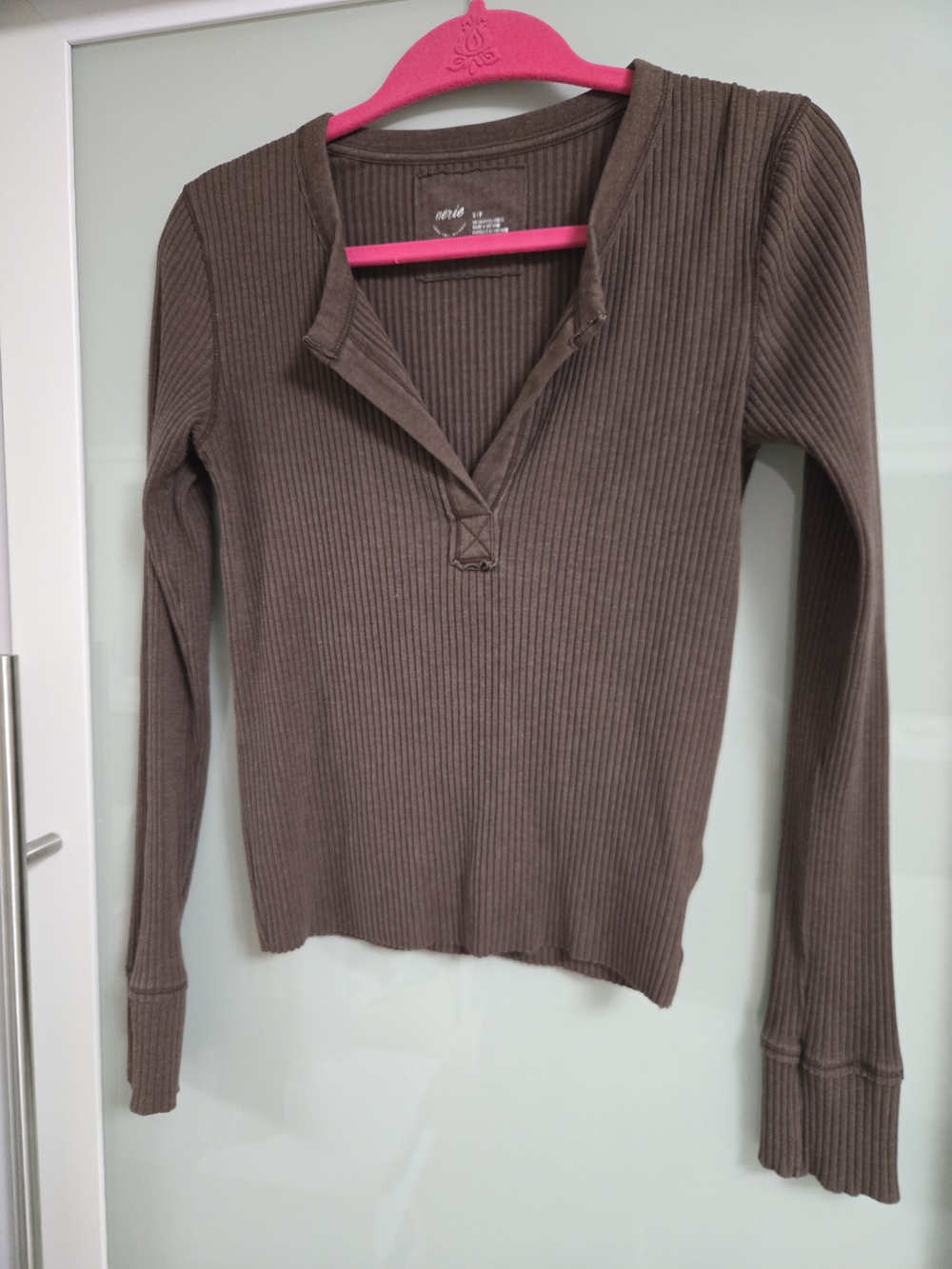 aerie Ribbed Henley Long Sleeve Top - Brown Size Small